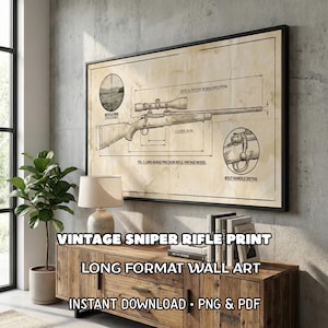 May include: A framed vintage sniper rifle print. The print features a detailed diagram of a long-range precision rifle, including the bolt handle detail and reticle view. The text on the print reads "VINTAGE SNIPER RIFLE PRINT" and "LONG FORMAT WALL ART".