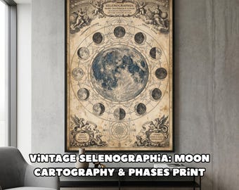 Vintage Moon Map Lunar Phases Poster Dark Academia Room Wall Art Celestial Astronomy Print Selenographia Digital Download Decor Design