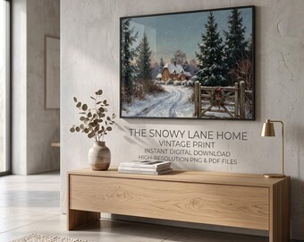 Vintage winter landscape painting snowy cottage print cozy cabin wall art printable rustic holiday picture horizontal digital download
