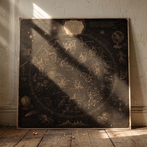 Könnte beinhalten: Ein Vintage-Himmelskartendruck in Sepia-Tönen, der Sternbilder und Himmelskörper darstellt. Der Druck zeigt detaillierte Illustrationen und Text, einschließlich des Titels "HEMISPHERIUM CELESTE BOREALE". Das Kunstwerk wird auf einem Holzboden ausgestellt.