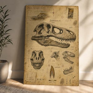 May include: A rectangular print titled Mesozoic Field Ledger No. 01 featuring detailed black ink sketches of a Tyrannosaurus rex skull from multiple angles, including a tooth section, with handwritten annotations and a 10 cm scale bar.