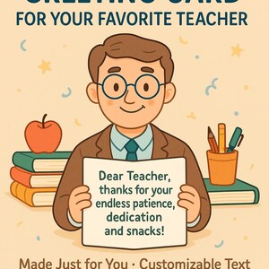 Cartão de agradecimento personalizado para professores, presente engraçado e personalizado, ilustração editável, design exclusivo, cartão de felicitações para funcionários da escola, qualquer idioma