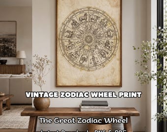 Zodiac Wheel Print Astrology Chart Wall Art Vintage Celestial Decor Horoscope Poster Digital Download Antique Sun Signs Printable PNG PDF