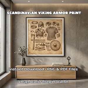 Puede incluir: Una impresión enmarcada que presenta un plano antiguo de armadura vikinga escandinava. La obra de arte incluye ilustraciones de cascos, cota de malla, hachas, escudos y otros artefactos históricos. El texto en la impresión dice "SCANDINAVIAN VIKING ARMOR PRINT" y "Instant Download • PNG & PDF Files."