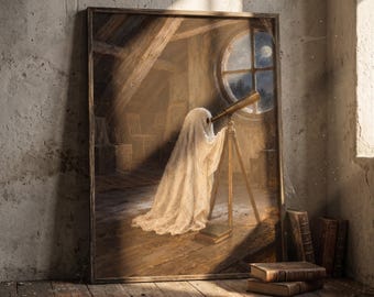 Cute Ghost Poster Vintage Dark Academia Art Moody Attic Print Whimsical Stargazing Wall Decor Cozy Gothic Aesthetic Room Night Sky