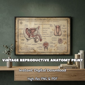 May include: Vintage reproductive anatomy print featuring detailed illustrations of the male reproductive system. The print includes labeled diagrams of the penis, testicles, and related structures. The artwork is framed and includes the text "Instant Digital Download" and "High-Res PNG & PDF".