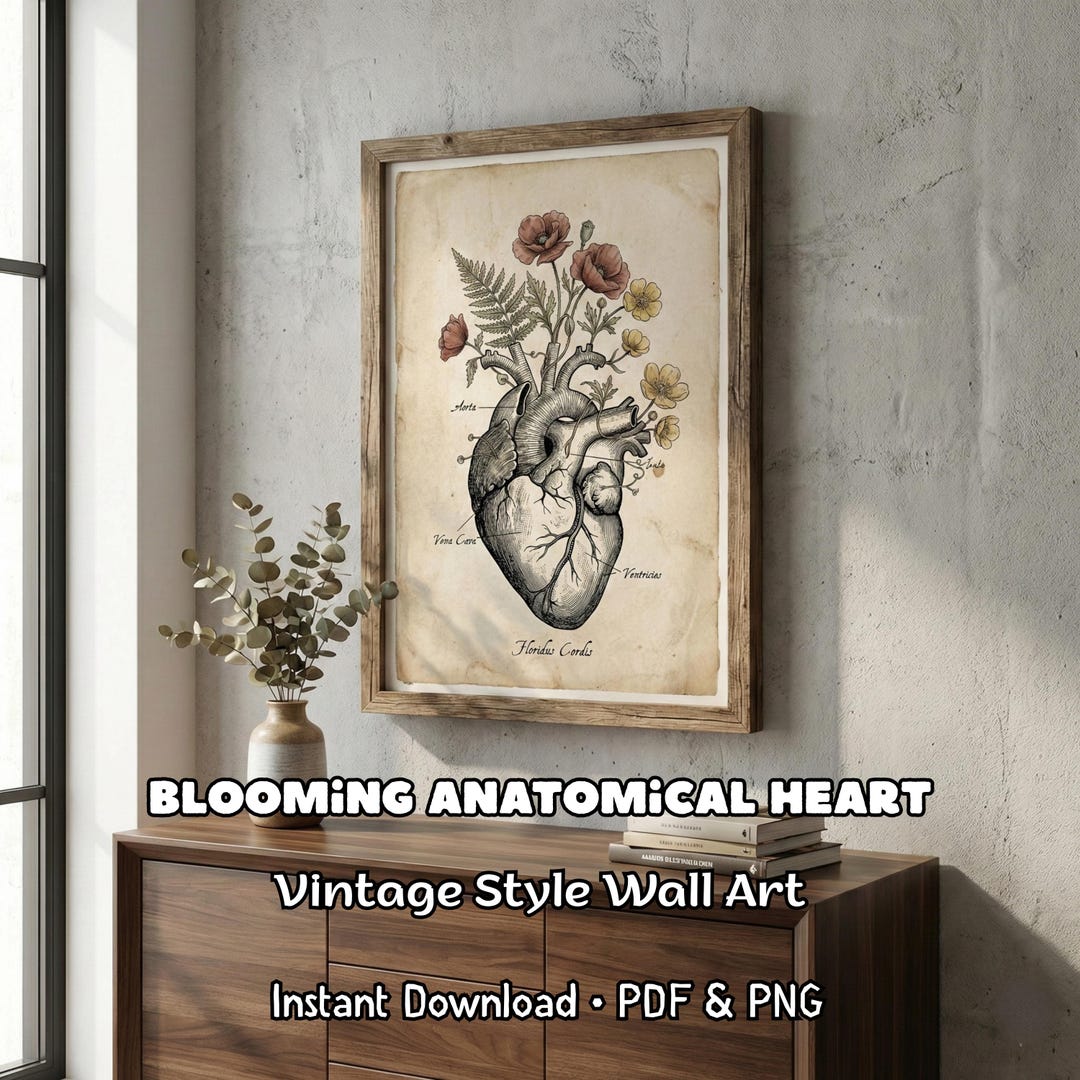 Anatomical Heart Print Floral Anatomy Art Dark Academia Decor Vintage ...