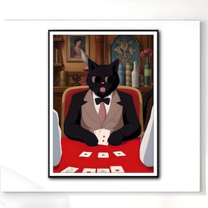 Stampa artistica digitale di illustrazione di Black Cat Poker per la decorazione della parete Vintage Estetico Divertente Giocatore di carte da gioco JPG PNG PDF Download immediato