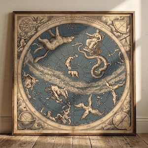 May include: A framed vintage celestial map print. The map features a blue background with constellations, stars, and illustrations of mythological figures. The text "TABULA CELESTIS HEMISPHERII SEPTENTRIONALIS" is at the top. The frame is a dark brown color.