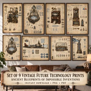 Könnte beinhalten: Ein Set aus neun Drucken im Vintage-Stil mit detaillierten technischen Bauplänen fiktiver Zukunftstechnologien. Jeder Druck zeigt komplexe Maschinen, wissenschaftliche Diagramme und handschriftliche Notizen auf gealtertem Papier.