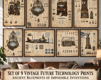 Vintage Future Technology Poster Set 9 Fictional Scientific Blueprints Retrofuturism Dark Academia Wall Art PNG PDF Digital Download
