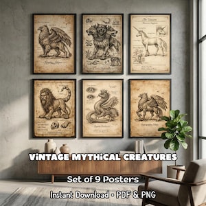 Könnte beinhalten: Neun gerahmte Vintage-Poster mit Fabelwesen wie Greif, Zerberus und Einhorn. Die Sepia-Drucke zeigen detaillierte Illustrationen und Text. Der Text "Vintage Mythical Creatures" ist unter den Postern zu sehen.