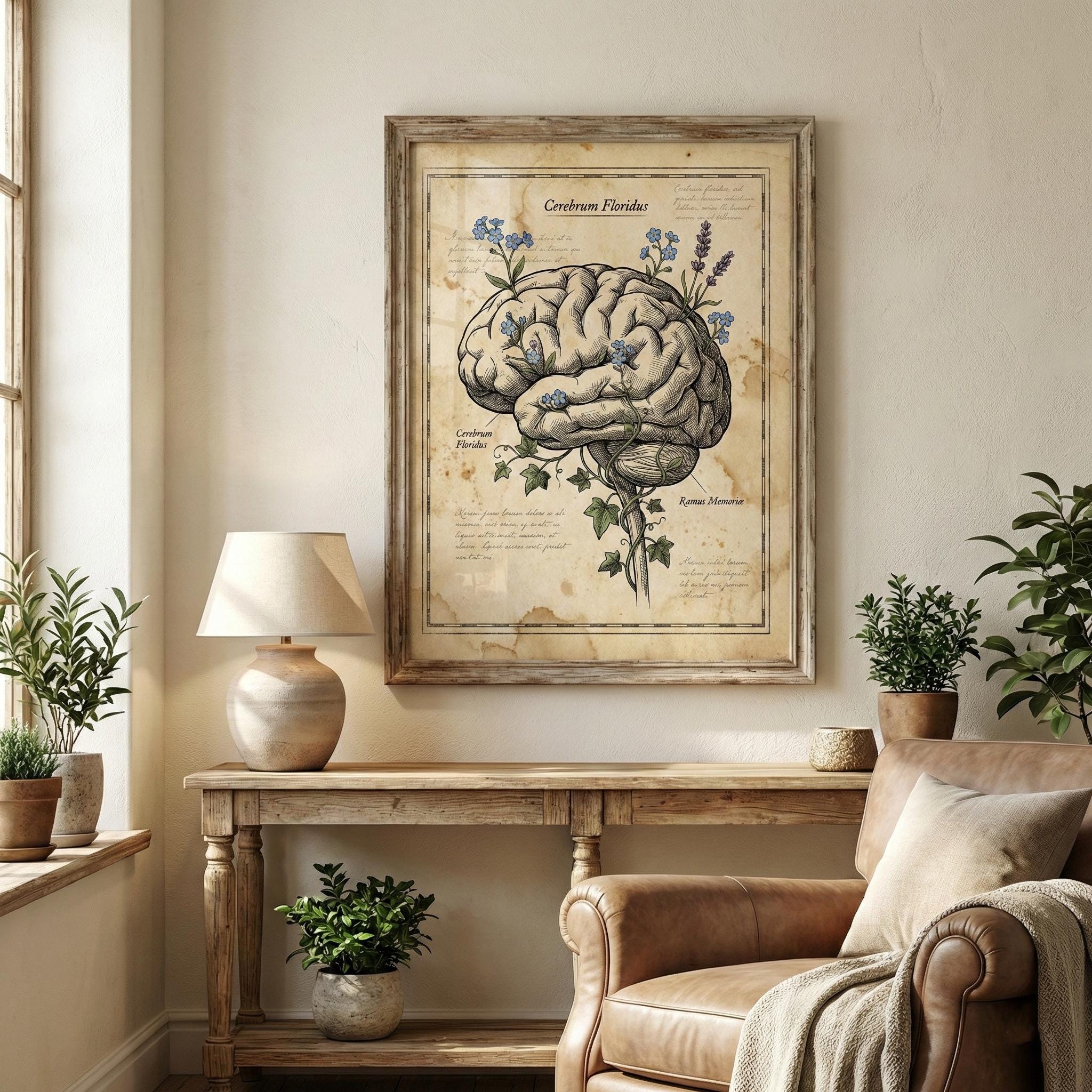 Vintage Anatomy Brain Poster Floral Medical Wall Art Psychology Gift ...