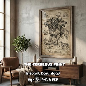 Puede incluir: Un grabado enmarcado que presenta una ilustración detallada de Cerbero, el perro de tres cabezas de la mitología griega, con el texto "THE CERBERUS PRINT". La obra de arte es de estilo vintage, con elementos botánicos y anatómicos.