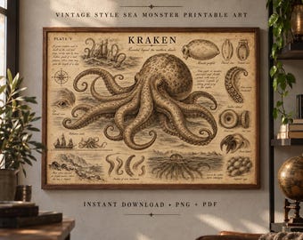 Kraken Printable Wall Art Vintage Style Sea Monster Anatomy Poster Nautical Mythology Illustration Dark Academia Decor PNG PDF Download