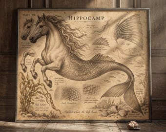 Hippocamp Poster Mythical Sea Horse Art Print Vintage Style Coastal Specimen Illustration Greek Mythology Bestiary Dark Academia Wall Decor