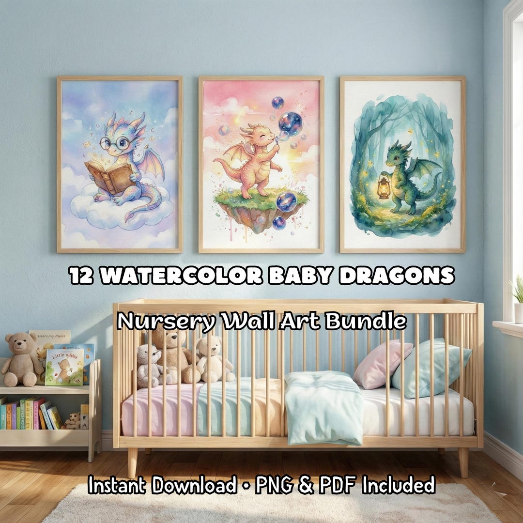 12 Watercolor Baby Dragon Prints Nursery Wall Art Bundle Cute Fantasy ...