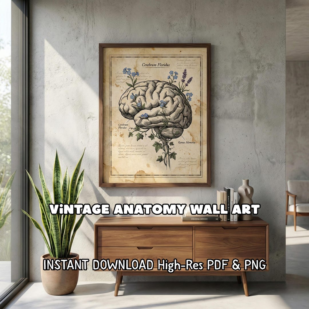 Vintage Anatomy Brain Poster Floral Medical Wall Art Psychology Gift ...