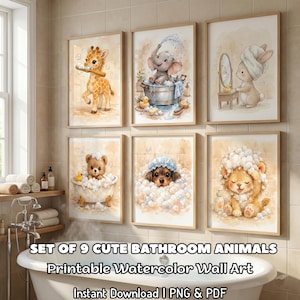 May include: Set of nine framed watercolor prints featuring cute animals in a bathroom setting. The artwork includes a giraffe brushing its teeth, an elephant in a tub, and a bunny looking in a mirror. The text reads "SET OF 9 CUTE BATHROOM ANIMALS Printable Watercolor Wall Art".