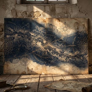 May include: A detailed vintage celestial map depicting constellations, compass roses, and celestial objects. The map, with a dark blue backdrop and gold detailing, is printed on aged paper. It is displayed on a wooden surface.