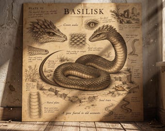 Basilisk Crowned Serpent Poster Vintage Mythical Creature Wall Art Dark Academia Bestiary Print Gothic Monster Drawing Decor Room Gift