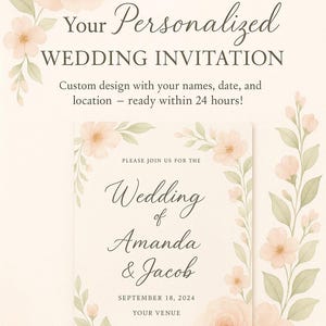 Convite de casamento personalizado, cartão romântico personalizado editável com nomes, data, local, design digital, arte única multilíngue para impressão