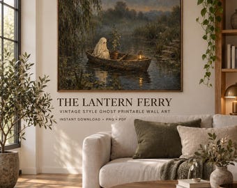 Ghost Boat Printable Wall Art Vintage Style Halloween Decor Moody River Landscape Cottagecore Digital Download PNG PDF The Lantern Ferry