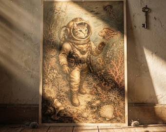 Vintage Cat Scuba Diver Poster Whimsical Aquanaut Kitten Wall Art Retro Ocean Explorer Print Funny Steampunk Nautical Decor Home Office