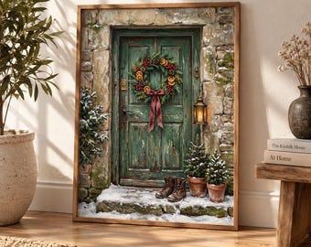 Green Christmas Door Art Print Vintage Style Wreath Poster Rustic Cottage Winter Wall Decor Unframed Matte Paper Holiday Entryway Gift
