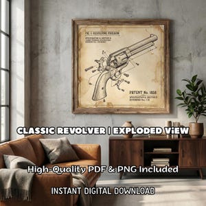 May include: A framed vintage-style print featuring an exploded view diagram of a revolver. The diagram is in sepia tones, with the text "FIG. 1: REVOLVING FIREARM" and "PATENT No. 1858". The print also includes the text "CLASSIC REVOLVER | EXPLODED VIEW".