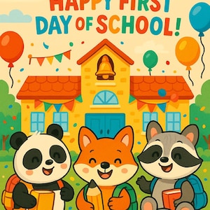Gepersonaliseerde eerste dag van school-wenskaart aangepaste cartoonillustratie voor kinderen terug naar school viering digitaal bestand afdrukbaar