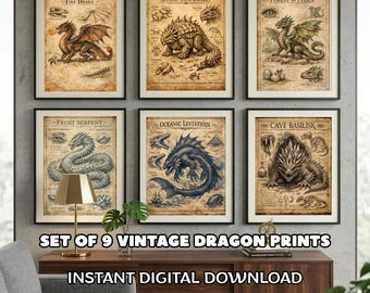 Vintage Dragon Print Set Digital Wall Art Dark Academia Decor Fantasy Bestiary Poster Mythical Creature Graphic Download Scientific