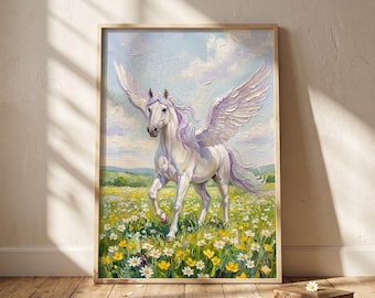 Pegasus Mythical Horse Print Art Poster Fantasy Unicorn Floral Wall Decor Boho Cottagecore Nursery Bedroom Gift Idea KidsRoomDecor Aesthetic