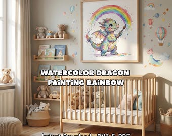 Cute Watercolor Dragon Painting Rainbow Nursery Wall Art Printable Kids ...