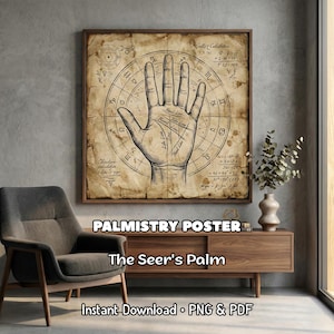 Könnte beinhalten: Ein gerahmtes Handlesen-Poster mit Vintage-Ästhetik. Das Poster zeigt eine detaillierte Handillustration mit beschrifteten Linien und astrologischen Symbolen. Der Text auf dem Poster lautet "PALMISTRY POSTER", "The Seer's Palm" und "Instant Download • PNG & PDF".