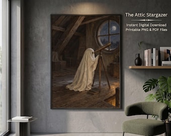 Dark Academia Ghost Poster The Attic Stargazer Vintage Spooky Wall Art Digital Download File 1 Print Quirky Room Decor Painting Night Sky