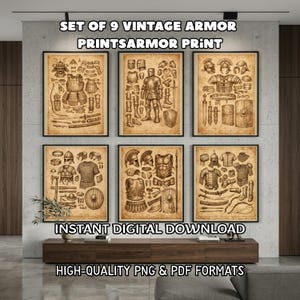 Puede incluir: Conjunto de nueve grabados de armaduras vintage enmarcados. Cada grabado presenta ilustraciones detalladas de armaduras históricas, incluyendo cascos, petos y armas. Los grabados se exhiben en una pared neutra sobre un mueble de madera. El texto en la imagen dice "SET OF 9 VINTAGE ARMOR PRINTSARMOR PRINT".