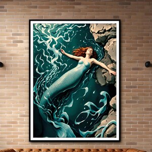 Fantasy mermaid wall art ocean themed digital illustration mystical underwater decor poster printable JPG PNG PDF painting for room decor