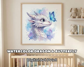 Watercolor Dragon Nursery Wall Art Cute Baby Room Decor Fantasy Animal ...