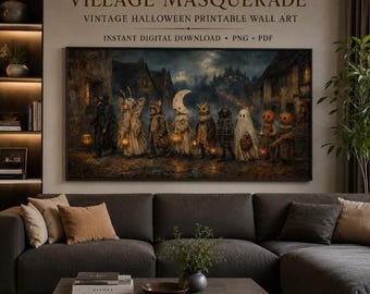 The All Hallows Village Masquerade Vintage Halloween Wall Art Gothic Printable Dark Cottagecore Instant Digital Download PNG PDF Landscape