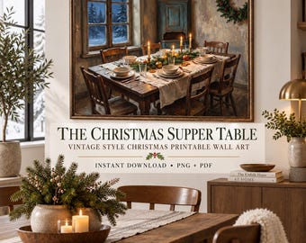 Christmas Supper Table Printable Wall Art Vintage Style Candlelit Dining Room Decor Rustic Winter Cottage Digital Download PNG PDF