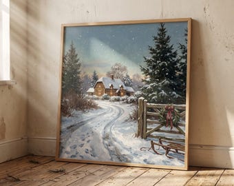 Winter Landscape Poster Snowy Cabin Wall Art Christmas Cottage Decor Holiday Pine Tree Print Cozy Rustic Room Decoration Physical Picture