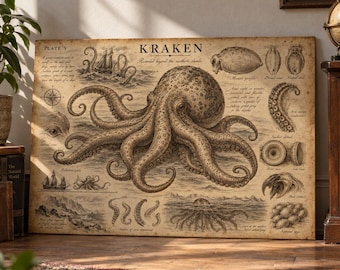 Kraken Poster Vintage Style Sea Monster Art Print Sepia Octopus Illustration Dark Academia Nautical Wall Decor Unframed Matte Archival Paper