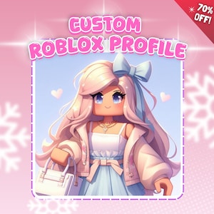 Puede incluir: Ilustración digital de un avatar de Roblox con pelo largo y rosado, un lazo azul y un vestido blanco. La imagen está enmarcada con un borde rosa y presenta el texto "CUSTOM ROBLOX PROFILE" en rosa. Un banner en la esquina superior derecha dice "70% OFF!"