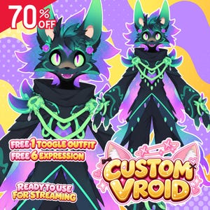 May include: A digital character illustration featuring a dark-furred creature with neon green eyes, purple and teal accents, and floral details. The character wears a dark outfit with glowing green trim. Text includes 70% OFF, FREE 1 TOOGLE OUTFIT, FREE 6 EXPRESSION, READY TOUSE FOR STREAMING, and CUSTOM VROID.