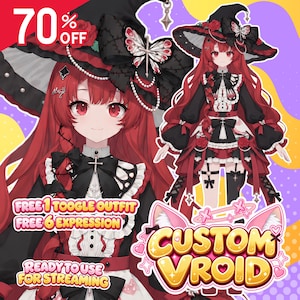 Pode incluir: Uma ilustração digital de personagem com longos cabelos vermelhos vestindo um traje de bruxa preto e vermelho com um chapéu grande, detalhes de borboletas e motivos de cruz. O texto inclui 70% OFF, FREE 1 TOOGLE OUTFIT, FREE 6 EXPRESSION, READY TO USE FOR STREAMING e CUSTOM VROID.