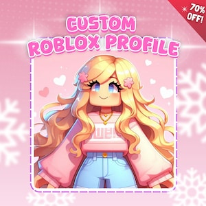 Puede incluir: Ilustración digital de un avatar de dibujos animados con pelo largo y rubio, que lleva un suéter rosa, pantalones cortos azules y un collar dorado. El texto "CUSTOM ROBLOX PROFILE" se muestra encima del avatar, con una pancarta "70% OFF!" en la esquina.