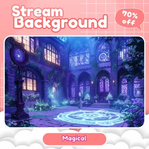 May include: A magical, blue glowing circle in the center of a courtyard with a stone building and lush greenery. The building has arched windows and a large wooden door. The sky is dark blue with stars. The text "Magical" is at the bottom of the image.