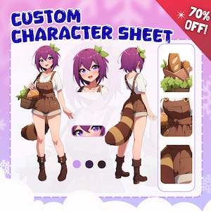 Op de afbeelding: Digitale karakterblad met een anime-stijl karakter met paars haar, bruine overalls, een wit shirt en bruine laarzen. Het karakter houdt een broodmand vast. De tekst luidt "CUSTOM CHARACTER SHEET" en "70% OFF!" op een banner.