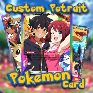 Carte Pokémon personnalisée | Commission Cartes Pokémon | Cadeau personnalisé | Portraits Pokémon Saint-Valentin | Couple | Portrait de famille | Portrait d'animal de compagnie